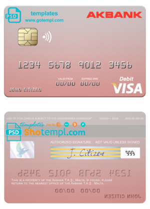 Malta Akbank T.A.Ş. visa card fully editable template in PSD format