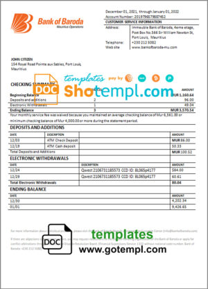 Mauritius Bank of Boroda bank statement template in Word and PDF format