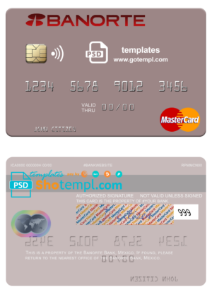Mexico Banorte Bank mastercard fully editable template in PSD format