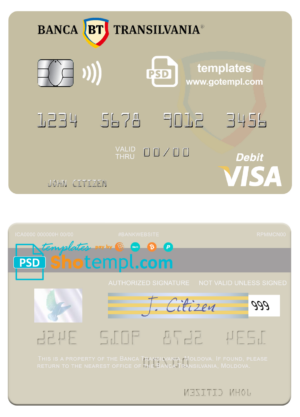 Moldova Banca Transilvania visa debit card, fully editable template in PSD format
