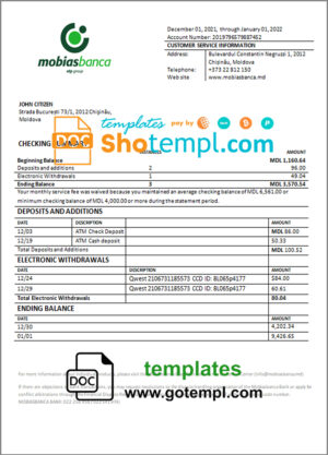 Moldova Mobiasbanca bank statement template in Word and PDF format