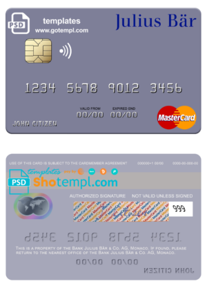 Monaco Julius Bär & Co. AG bank mastercard, fully editable template in PSD format