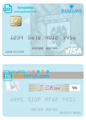 Monaco Barclays Bank PLC bank visa debit card, fully editable template in PSD format