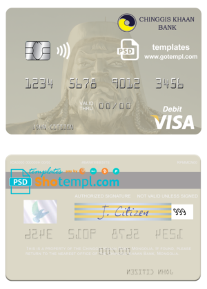Mongolia Chinggis Khaan bank visa debit card, fully editable template in PSD format