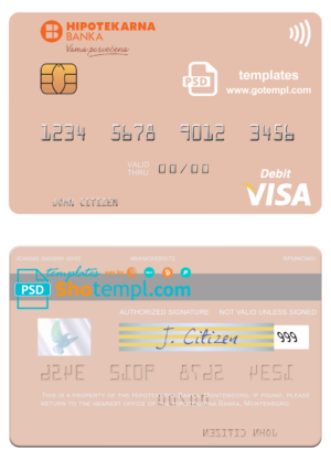 Montenegro Hipotekarna bank visa debit card, fully editable template in PSD format