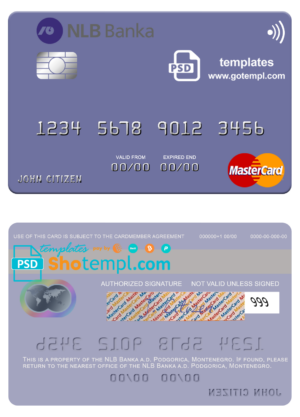 Montenegro NLB Banka a.d. Podgorica bank mastercard, fully editable template in PSD format
