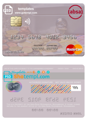 Mozambique Absa Bank Mozambique mastercard, fully editable template in PSD format