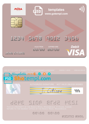Mozambique Banco Moza visa debit card, fully editable template in PSD format