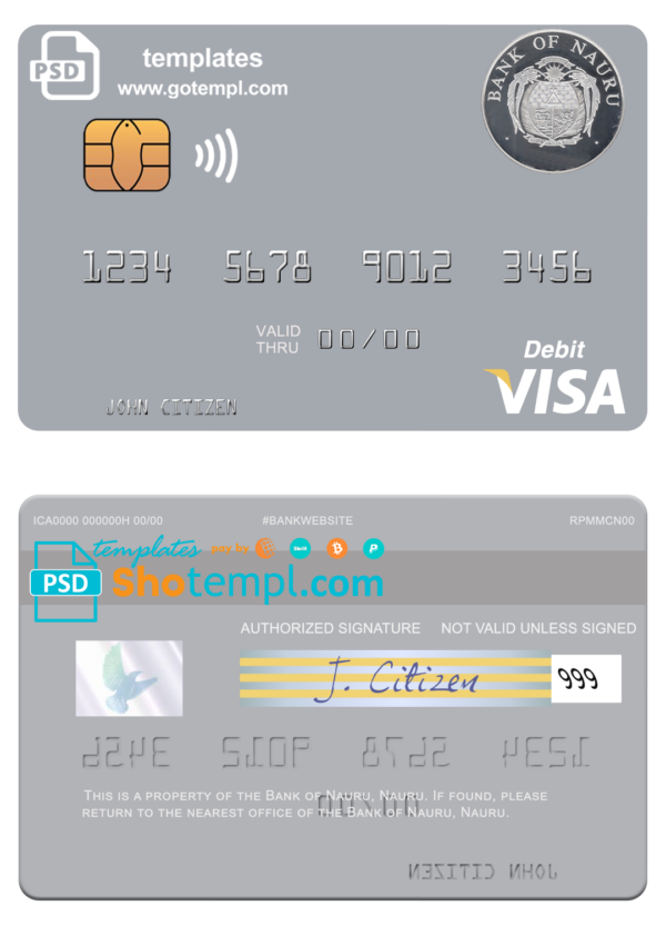 Nauru Bank of Nauru visa debit card fully editable template in PSD format
