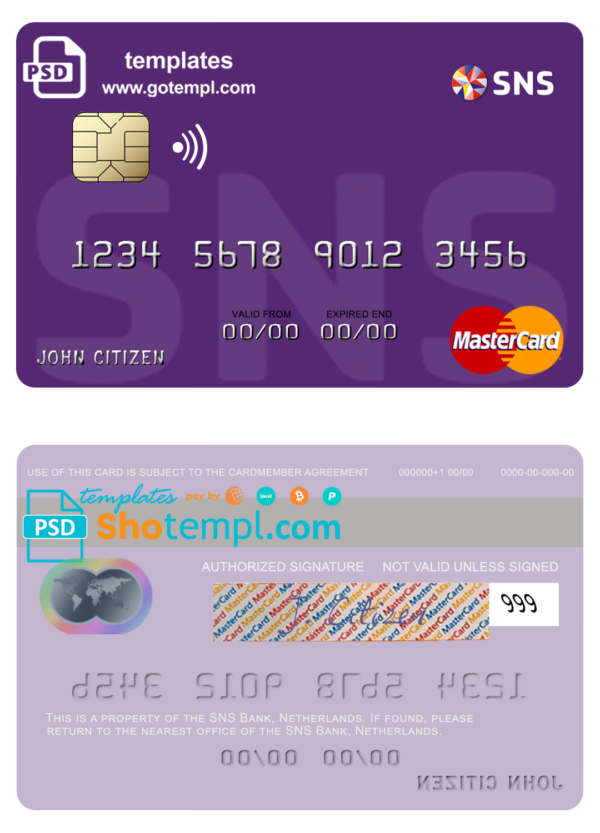 Netherlands SNS Bank mastercard credit card template in PSD format