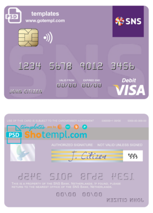 Netherlands SNS Bank visa debit card template in PSD format
