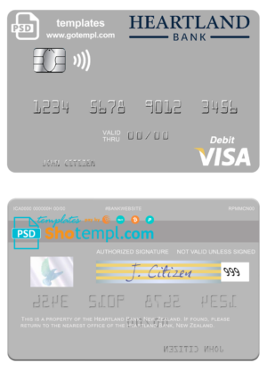 New Zealand Heartland Bank visa debit card template in PSD format