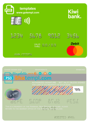 New Zealand Kiwibank mastercard credit card template in PSD format