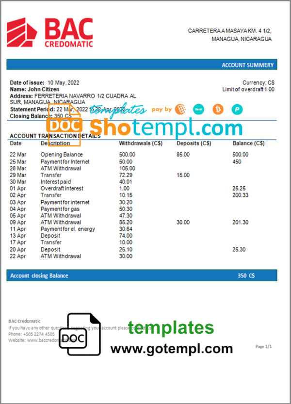 Nicaragua BAC Credomatic bank statement template in Word and PDF format