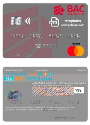 Nicaragua BAC Credomatic mastercard credit card template in PSD format