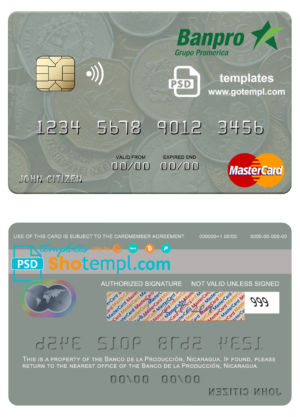 Nicaragua Banco de la Producción mastercard credit card template in PSD format