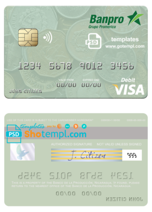 Nicaragua Banco de la Producción visa debit card template in PSD format