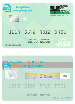 Nigeria Bank of Africa visa debit card fully editable template in PSD format