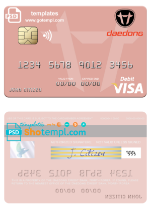 North Korea Daedong Credit bank visa card fully editable template in PSD format