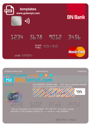 Norway BN Bank ASA mastercard fully editable template in PSD format
