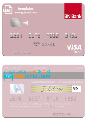 Norway BN Bank ASA visa card fully editable template in PSD format