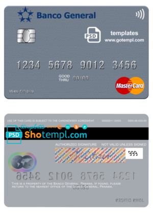 Panama Banco General mastercard fully editable template in PSD format