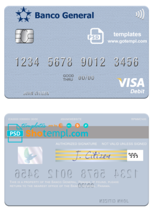 Panama Banco General visa card fully editable template in PSD format