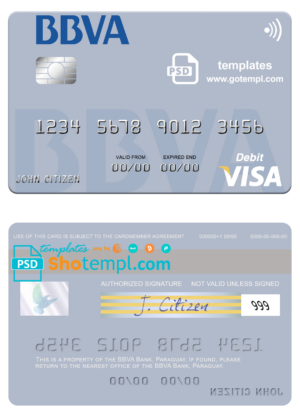 Paraguay BBVA Bank visa card fully editable template in PSD format