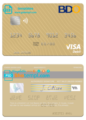 Philippines Banco de Oro visa card fully editable template in PSD format