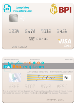 Philippines Bank of the Philippine Islands visa card fully editable template in PSD format