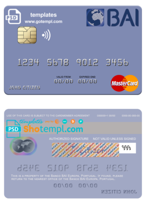 Portugal Banco BAI Europa mastercard fully editable template in PSD format