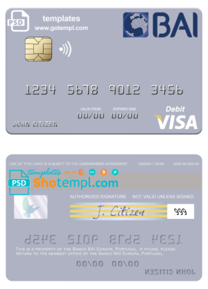 Portugal Banco BAI Europa visa card fully editable template in PSD format