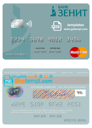 Russia Bank ZENIT mastercard fully editable template in PSD format