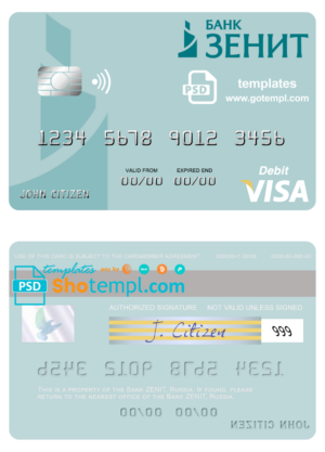 Russia Bank ZENIT visa card fully editable template in PSD format
