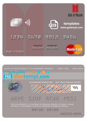 Russia Bank of Moscow mastercard fully editable template in PSD format