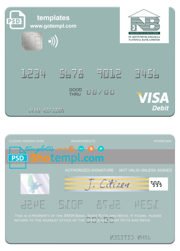 Saint Kitts and Nevis SKNA Bank visa card fully editable template in PSD format