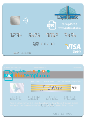 Saint Lucia Loyal Bank Limited visa card fully editable template in PSD format