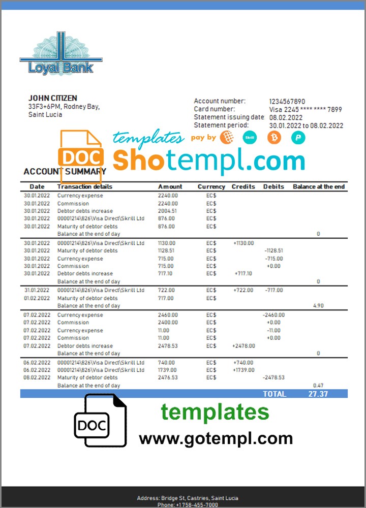 Saint Lucia Loyal Bank bank proof of address statement template in Word and PDF format Saint Lucia Loyal Bank bank proof of address statement template in Word and PDF format