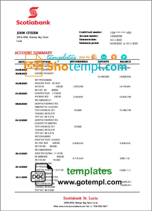 Saint Lucia Scotiabank bank proof of address statement template in Word and PDF format