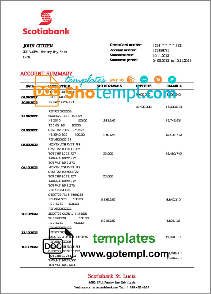 Saint Lucia Scotiabank bank proof of address statement template in Word and PDF format Saint Lucia Scotiabank bank proof of address statement template in Word and PDF format