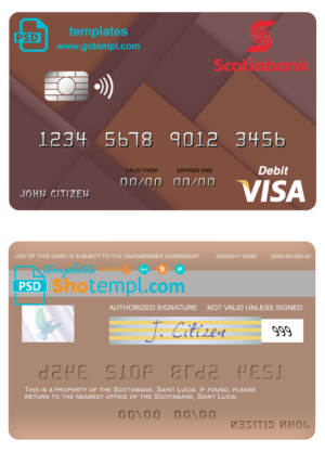 Saint Lucia Scotiabank visa card fully editable template in PSD format