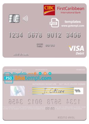 Saint Vincent and the Grenadines FirstCaribbean International Bank visa card fully editable template in PSD format