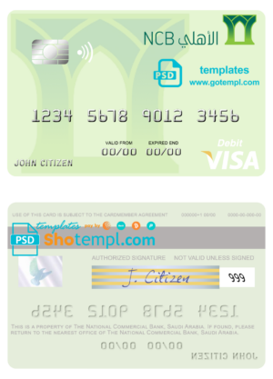 Saudi Arabia The National Commercial Bank visa card fully editable template in PSD format