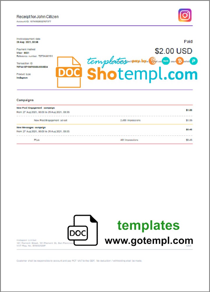 USA Instagram invoice template in Word and PDF format, fully editable USA Instagram invoice template in Word and PDF format, fully editable