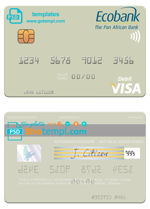 Senegal Ecobank visa card fully editable template in PSD format