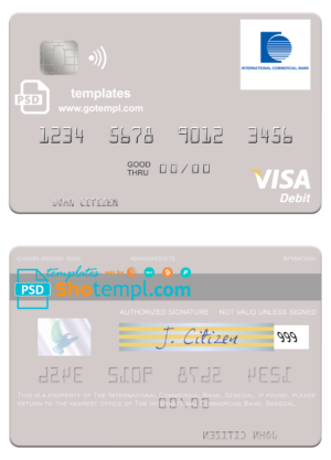 Senegal The International Commercial Bank visa card fully editable template in PSD format