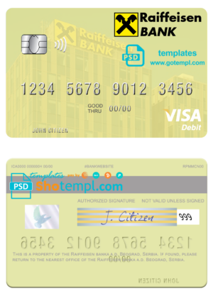 Serbia Raiffeisen banka a.d. Beograd visa card fully editable template in PSD format