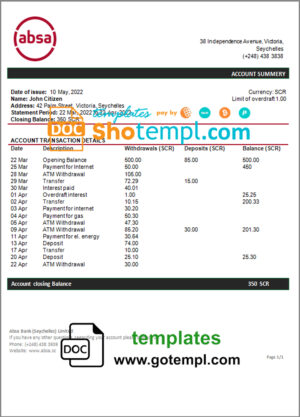 Seychelles ABSA bank statement template in Word and PDF format