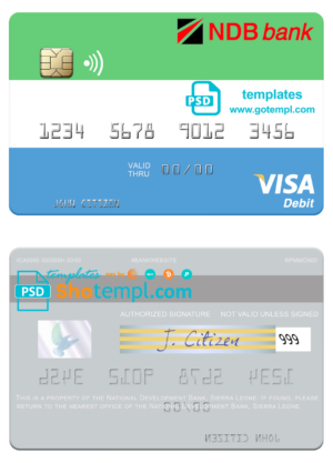 Sierra Leone National Development Bank visa card fully editable template in PSD format