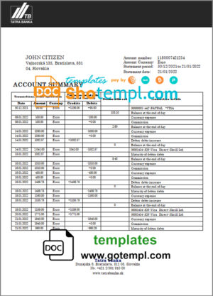 Slovakia Tatra bank statement template in Word and PDF format